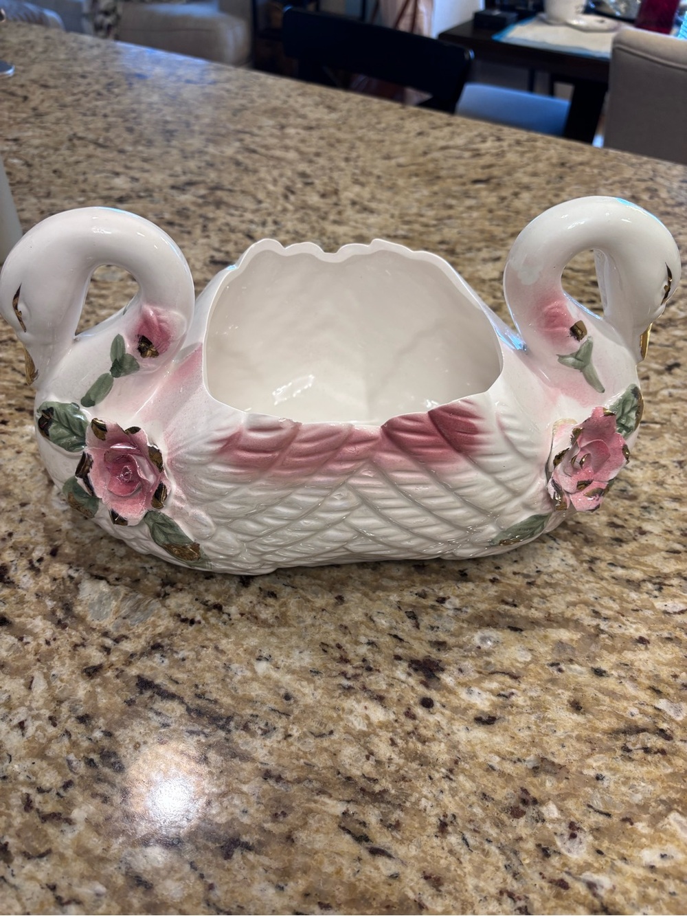 Porcelain Swan Planter with Pink Roses
